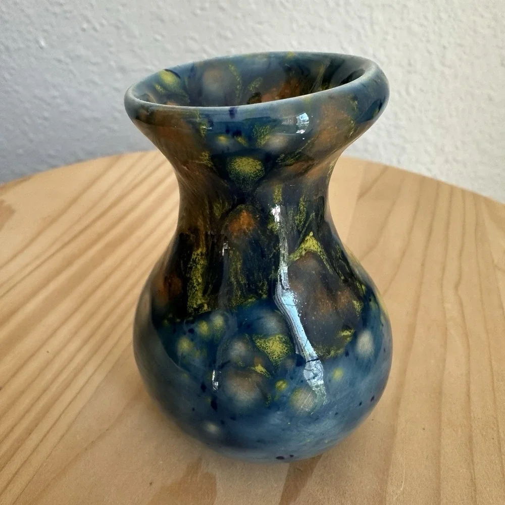 Vintage‎ Artisan Pottery 2 Inch Mini Vase Handcrafted Arizona Blue Yellow Mottle
